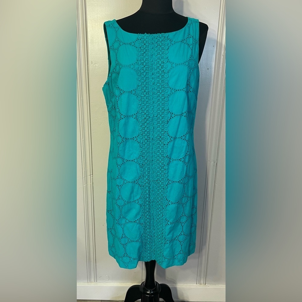Eliza J Turquoise Blue Green Eyelet Sheath Dress Size 14